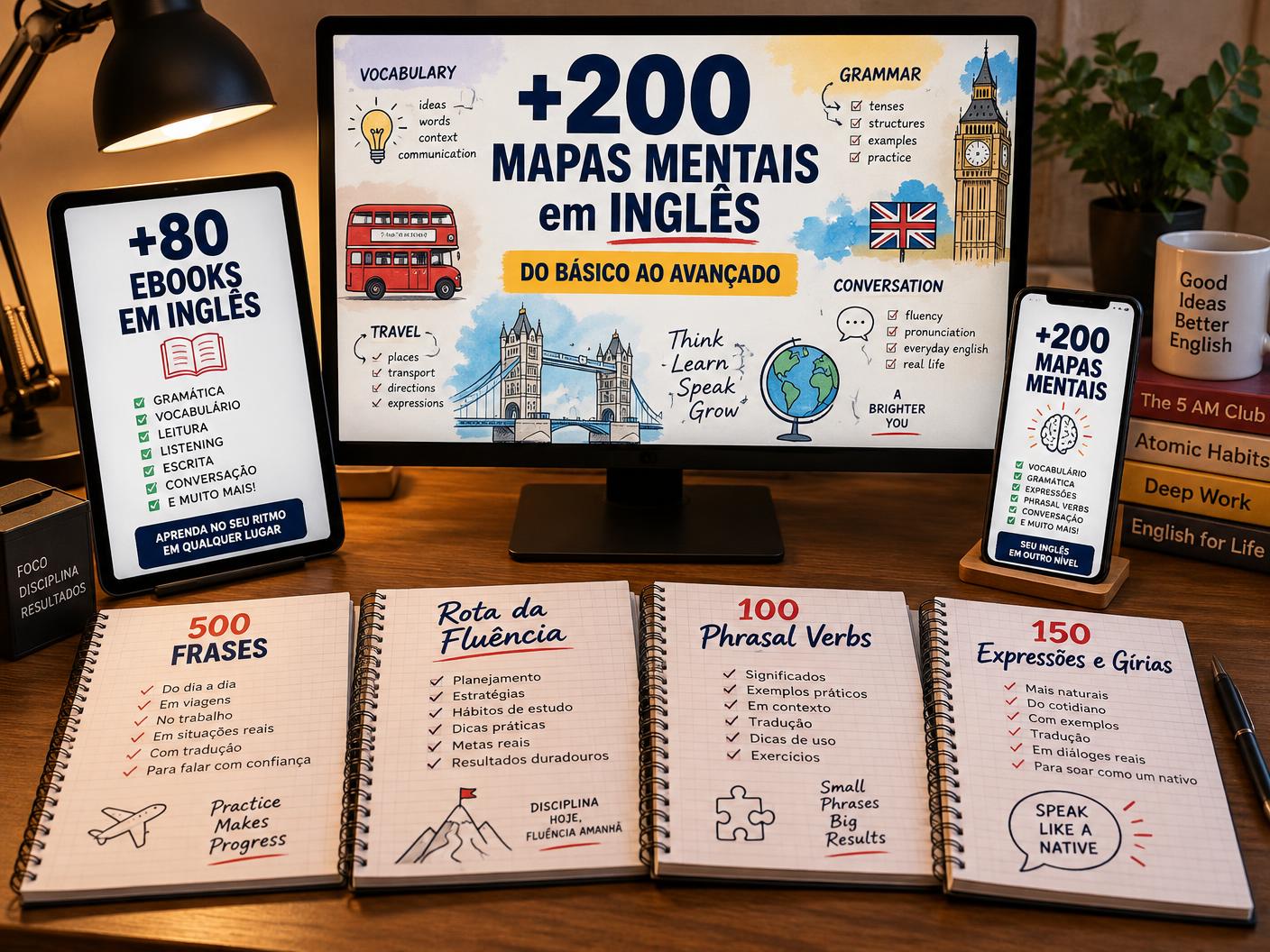 Kit com mais de 200 mapas mentais de inglês em computador, tablet, celular e cadernos impressos